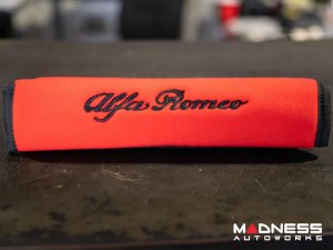 Seat Belt Shoulder Pads - set of 2 - Red w/ Alfa Romeo Logo + Black Binding